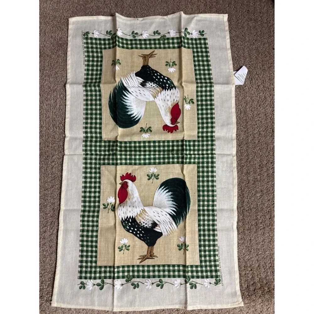 Franco Rooster Kitchen Towels Set /3 Cream Green Gingham Farmhouse Country Decor
